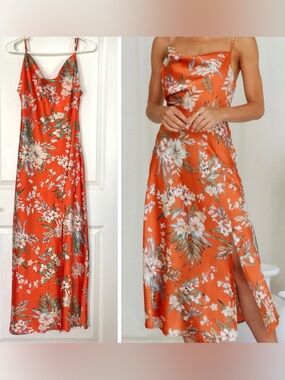 Paper Heart Satin Maxi Slip Dress Tropical Floral Print Cowl Neck